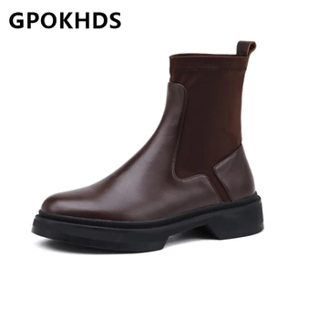 

GPOKHDS 2021 women Ankle boots Cow leather Winter short plush Round Toe Med heels female Chelsea boots size 43