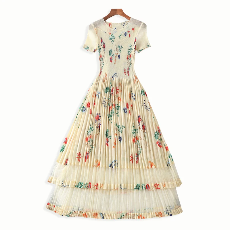 

VERDEJULIAY Luxury Women Dress 2020 Spring Summer New Fashion Designer Flower Print Cascading Ruffles Long Pleated Dress Vestido