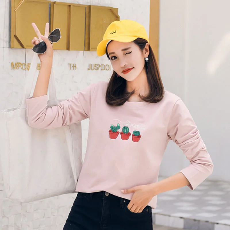 

2020 Women's Spring Casual Long Sleeve Top Fashion Round Collar Women's T-Shirt Cotton Cactus Picture Cute Women
