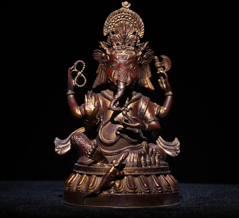 

11"Tibetan Temple Collection Old Bronze Cinnabars Elephant Trunk God of Wealth Buddha Statue Ganesha Obstacle god statue