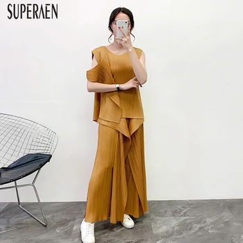 

SuperAen Fashion Women's Sets 2020 Spring New Irregular Sleeveless Top Casual Straight Long Pants Soldi Color Two-piece Female