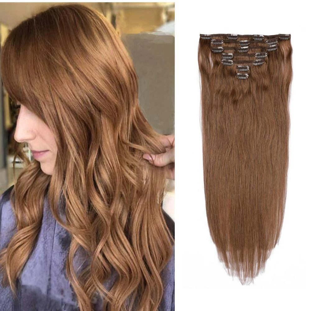 Extensiones cabello humano con Clip para mujer, extensiones de cabello Natural liso, marrón, de clip| - AliExpress