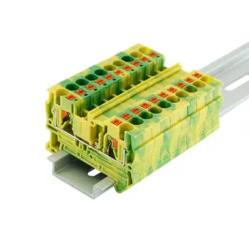 

Din Rail Ground Terminal Block 10Pcs PT-4PE Spring Feed Through Connection Push In PT4-PE Wire Conductor