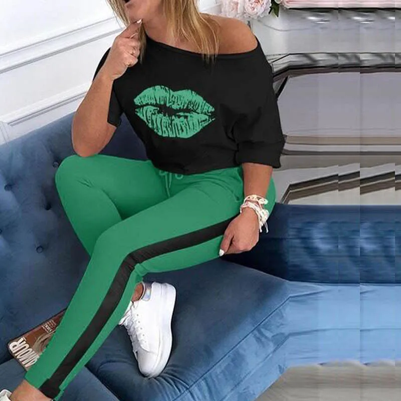 

Printed Lips Middle Sleeve Round Neck Sports Pants Set