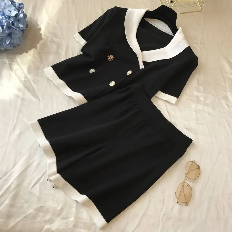 

Summer net color Joker sweater suit V collar sweet double-breasted ice silk jacket+ high waist shorts two-pieces set