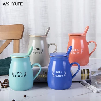

380ml Creative Simple Ceramic Cup with Cover Spoon Nordic Couple Ceramic Office Mug Breakfast Milk Coffee Juice Drink Tea Cup