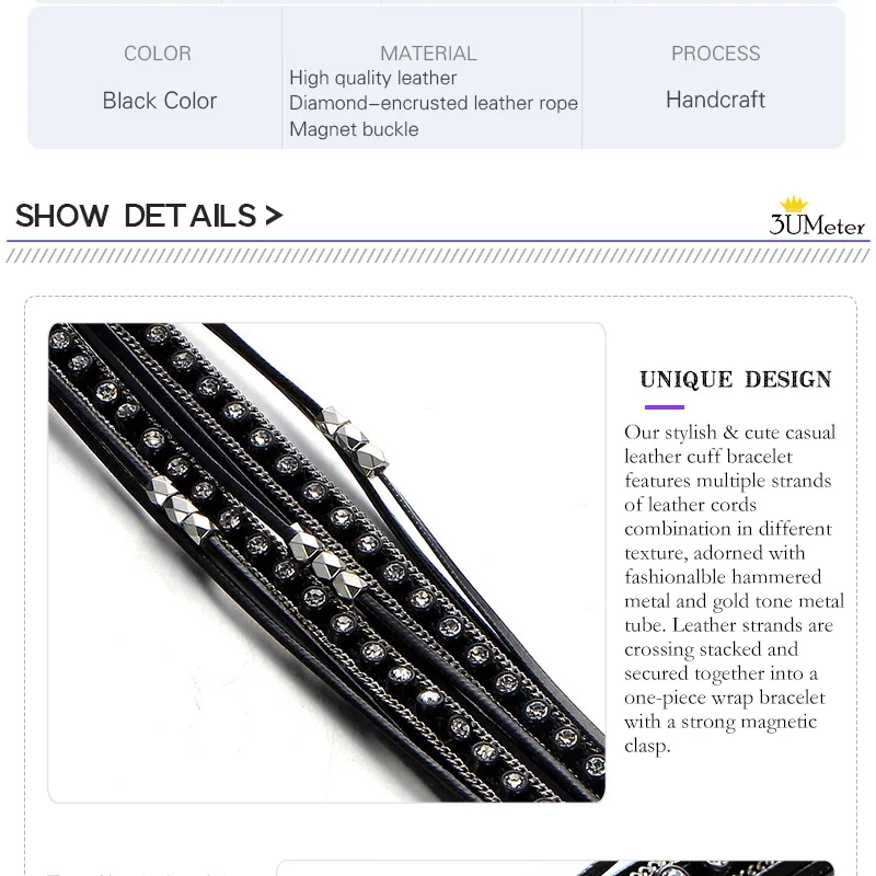 Fashion Black Multiple Layer Leather Bracelet Metal Bead Wrap Bracelets Magnetic Clasp Charm Bangle Jewelry For Women Femme