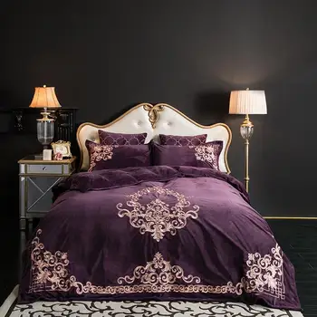 

New Purple Red Blue Luxury Embroidery Fleece Fabric European Bedding Set Velvet Flannel Duvet Cover Bed sheet/Linen Pillowcases