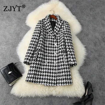 

High Quality Fashion Full Sleeve Turn Down Collar Vintage Houndstooth Loose Woolen Jackets Coats Autumn Winter Women Outerwear