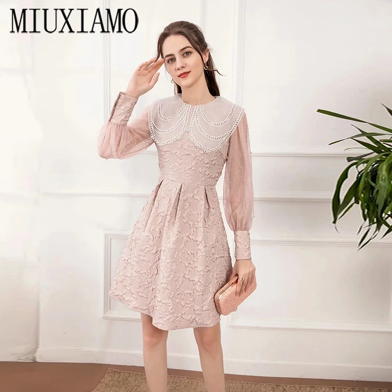 

MIUXIMAO 2021 Spring Summer Party Dress Jacquard Flower Long sleeve Office Lady Pink Casual Dress Women Vestidos With Ruffles