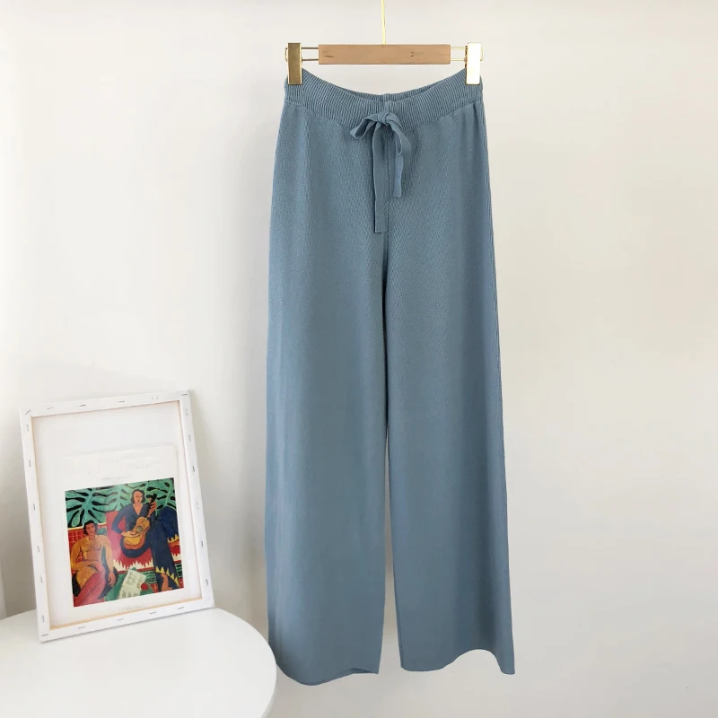 Aachoae 2020 Lady Solid Knit Pants Loose Wide Leg Long Length Pants Female Drawstring Casual Office Home Wear Trousers Pantalon