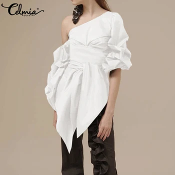 

5 XL Celmia Women Lantern Sleeve Blouses Stylish Tops Sexy One Shoulder Elegant Office Shirts Casual Neck Belted Tunic Blusas 7