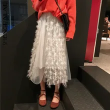 SHENGPALAE, белые корейские модные юбки для женщин, перспективная кружевная однотонная кружевная юбка с кисточками, элегантная юбка средней длины 5D374