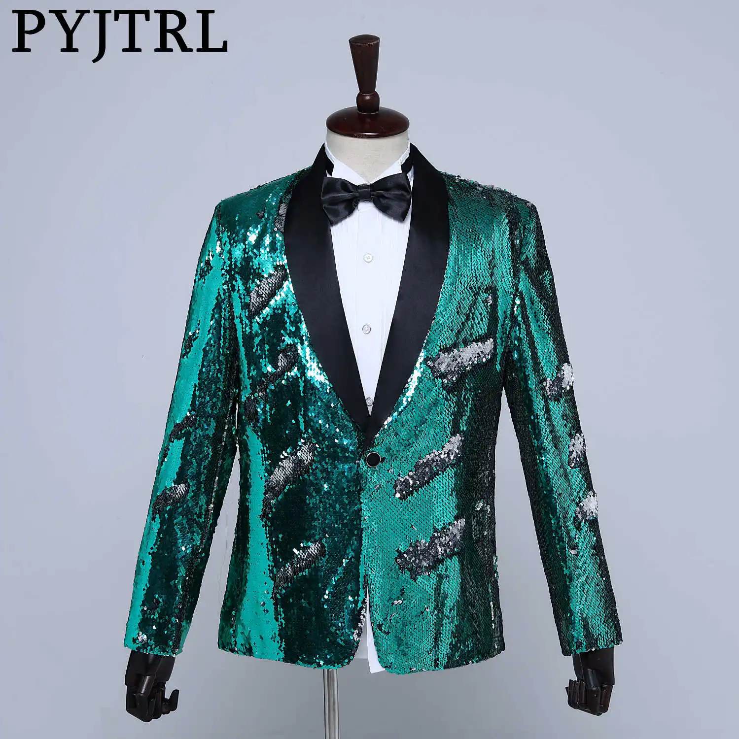 

PYJTRL Men Fashion Gold Green Sequins Blazers Nightclub Bar Dj Singers Tide Loose Coat Party Paillette Suit Jacket Costume Homme