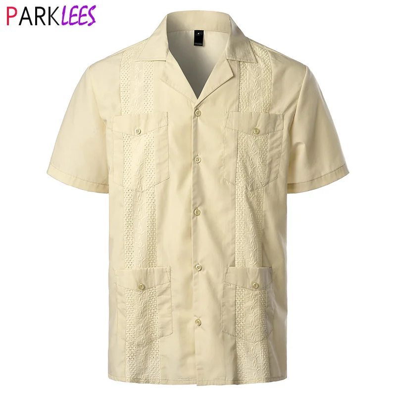 Men's Guayabera Shirt Short Sleeve - Casual Snap Button Shirt, Khaki, XX-Large, Embroidered Design