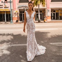 

Elegant Mermaid Wedding Dress Illusion Scoop Neckline Lace Floral Appliques Satin Bridal Gowns Sexy Backless Brides Dress