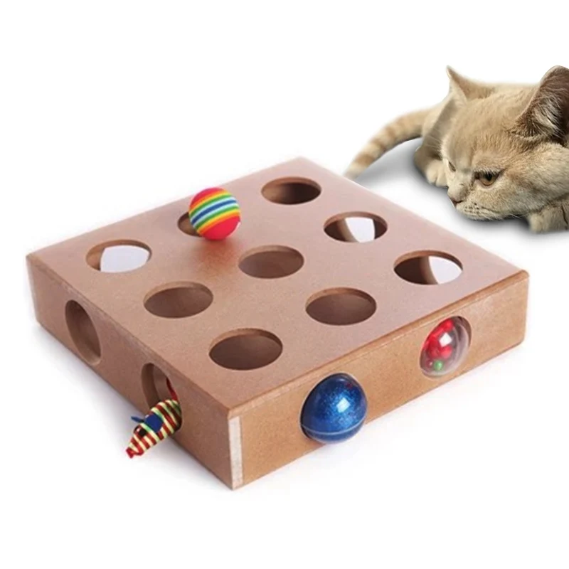 Funny Interactive Pet Cat Toy Puzzle Box Wooden Peek Play Hide & Seek