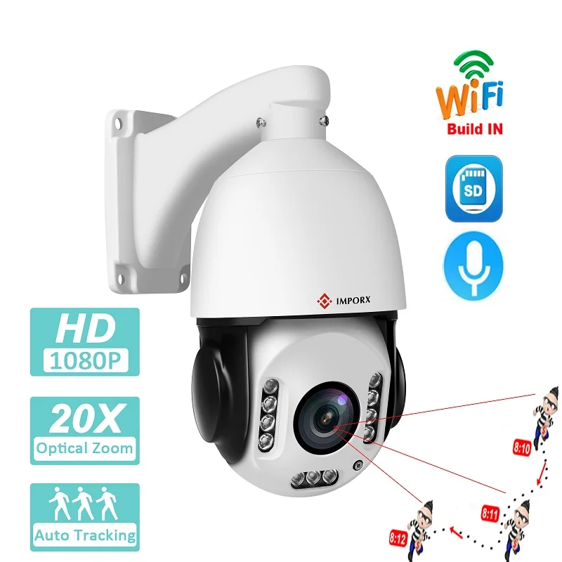 

IMPORX HD 1080P 20X Zoom Humanoid recognition Auto Tracking PTZ Camera Speed Dome IR 150m build in Wifi Camera P2P Onvif H.265