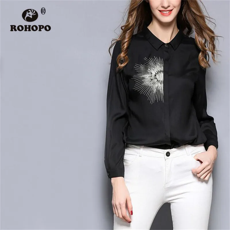 

ROHOPO Discover Thread Embroidery Vintage Black White Blouse Low Hight Length Long Sleeve Soft Elelgant Ladies Tops Blusa #653
