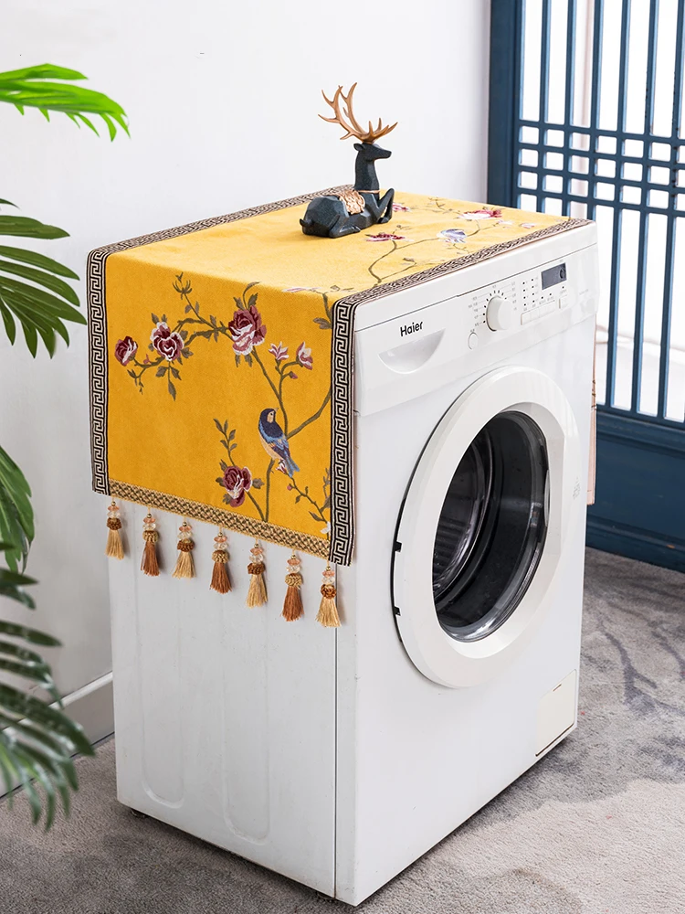 custom-embroidery-magnolia-flower-washing-machine-dustproof-cover-cloth-tassel-fridge-microwave-oven-cotton-linen-dust-covers