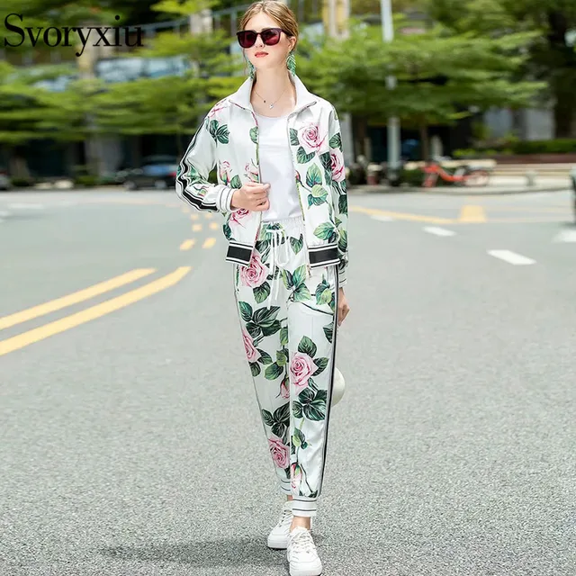 Svoryxiu Runway High-End Autumn Winter White Rose Flower Print Two Piece Set Women s Long Sleeve Jackets Pants Casual Suits