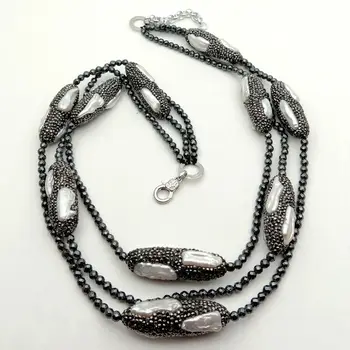 

3 Strands White Biwa Pearl Black Macarsite Round Hematite Necklace 19"