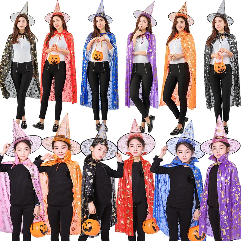 

75-150cm Kid Adult Halloween party carnival cosplay pumpkin bat witch capes cloaks hat Scary Wizard Cloak women girls costume