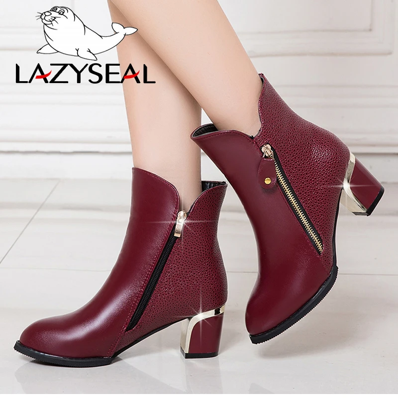 

LazySeal Zipper Warm Chelsea Boots Short Plush Square Heels Autumn Ankle Boots Round Toe Metal decoration Calssic Ladies Shoes