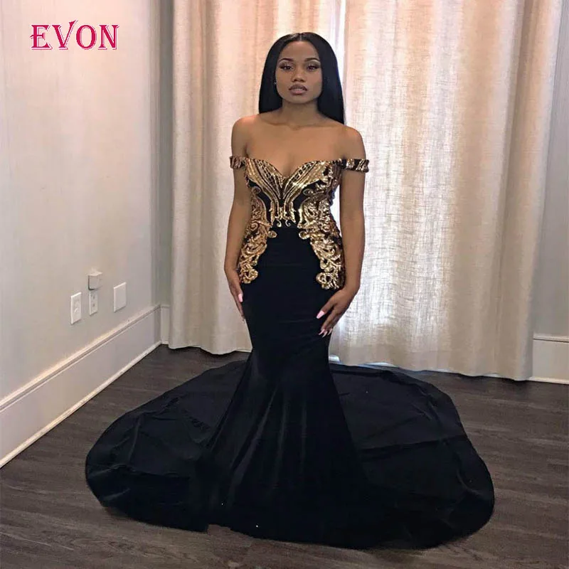 Plus Size Off The Shoulder Mermaid Prom Dresses 2019 Black And Gold Lace Up Long Formal Evening Gowns Custom Made Vestidos De Gala