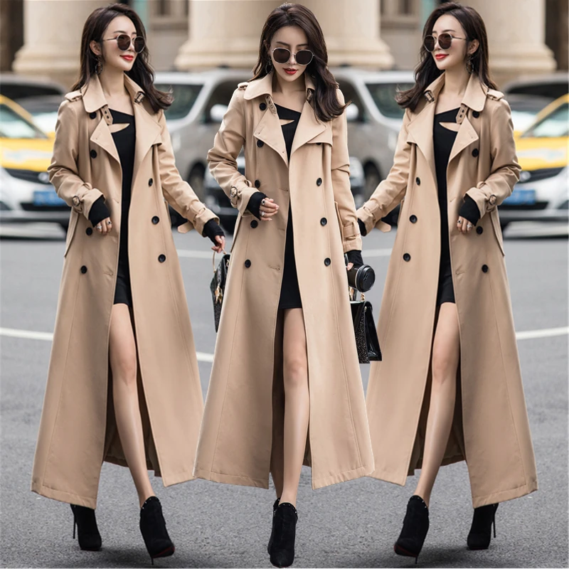 High quality windbreaker female Korean autumn new women's waist slimming windbreaker over the knee coats slim long coat women's