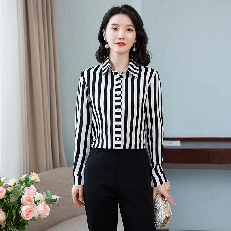 Tingyili Women's Red Black Striped Shirts Spring Autumn Long