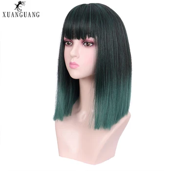 

XUANGUANG Green Ombre Right Shoulder Longth Synthetic Wigs With Heat Resistant Bangs Hair For Women Cosplay
