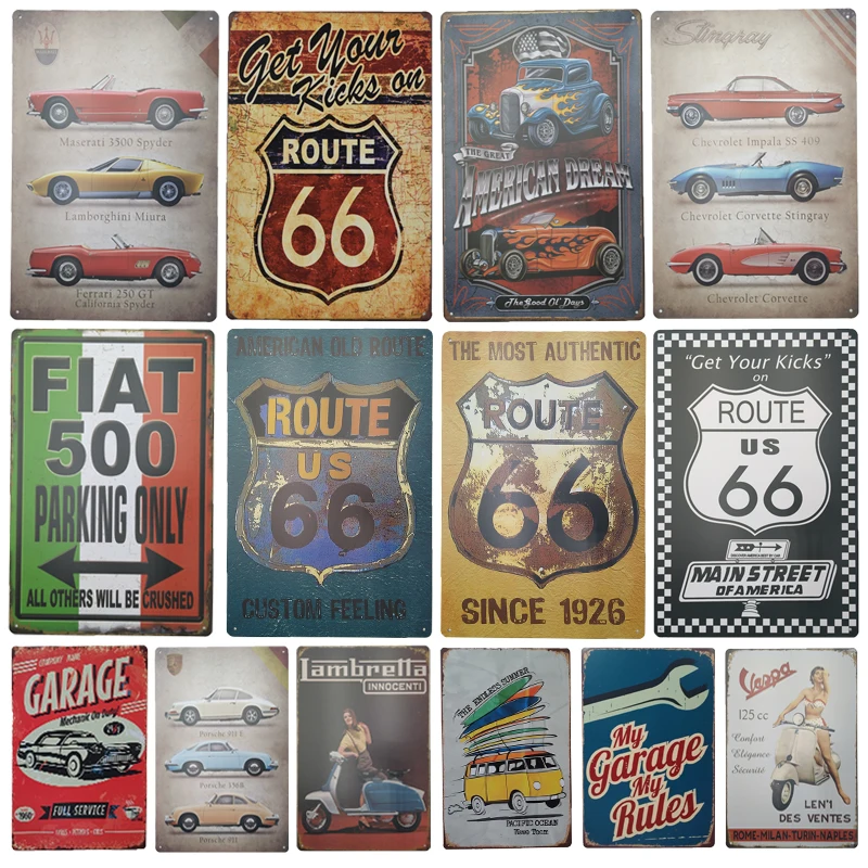 Оловянная табличка автомобиль Route 66 автобус гараж заправочная станция мотоцикл стены искусства плакат наклейки пластины живопись Домашний Декор 20*30 см