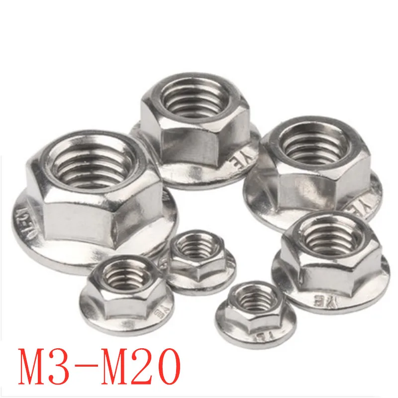 1 20 шт. DIN6923 фланцевые гайки m3 m4 m5 m6 m8 m10 m12 m16 m20 304 Фланцевая Шестигранная гайка из