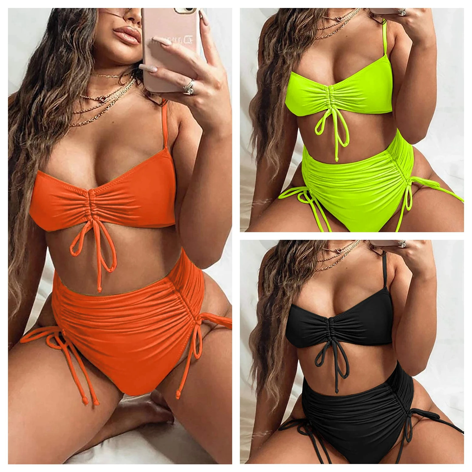 

Women’s Solid Color 2Pcs Bikini Suit Pleated Inner Drawstring Low Neck Tank Tops and High Waist Bottoms Beach Wear