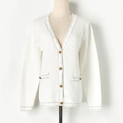 Роскошный брендовый дизайнерский вязаный свитер для женщин винтажный v-образный вырез Бисероплетение полосатый вязаный кардиган черный белый - Цвет: Белый
