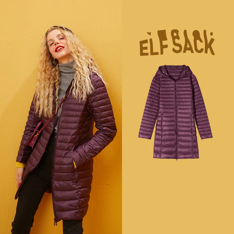 ELFSACK, ультра светильник, 80% белый утиный пух, пальто для женщин, сплошной цвет, короткая тонкая куртка, Осень-зима, теплая тонкая верхняя одежда - Цвет: Long Purple