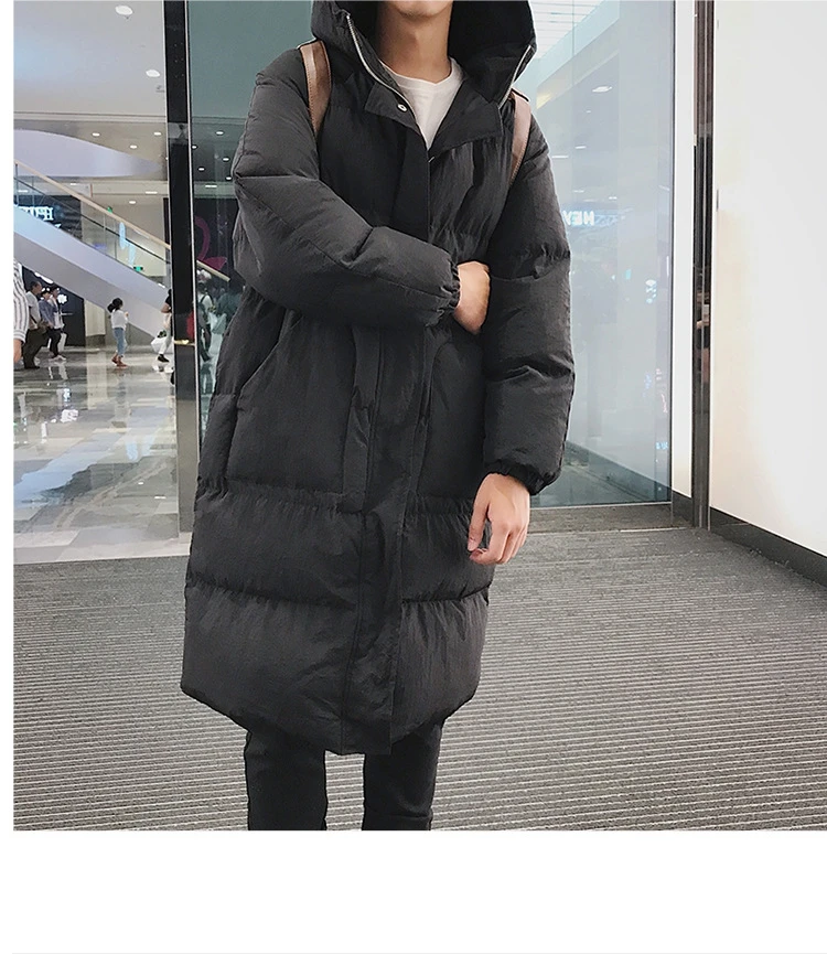 Зимнее хлопковое пальто выше колена в Корейском стиле для молодых мужчин, длинная одежда на хлопковой подкладке с капюшоном, приталенная теплая Плотная хлопковая стеганая куртка Ja