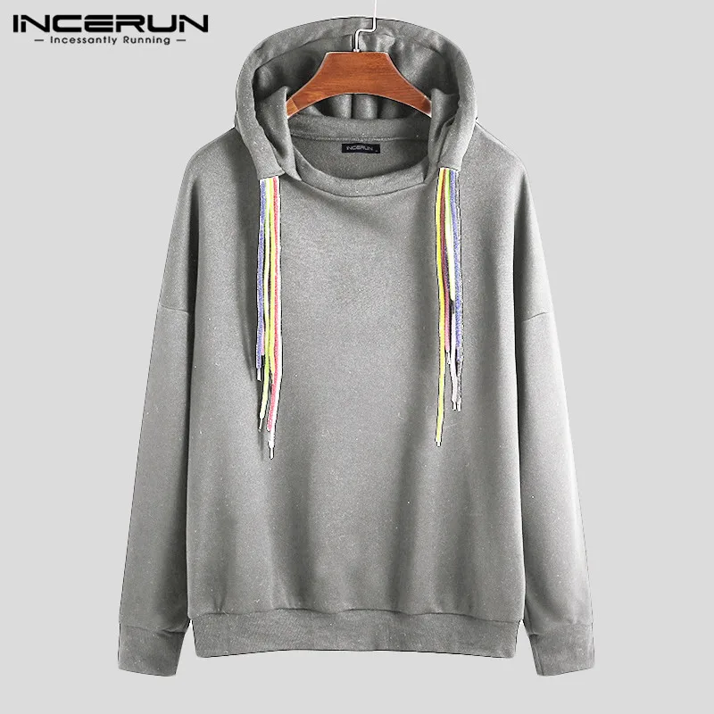 

INCERUN Fashion Men Sweatshirts Hooded Colorful Shoelace Long Sleeve Plain Casual Hoodies Men Hip-hop Streetwear Pullovers 2019