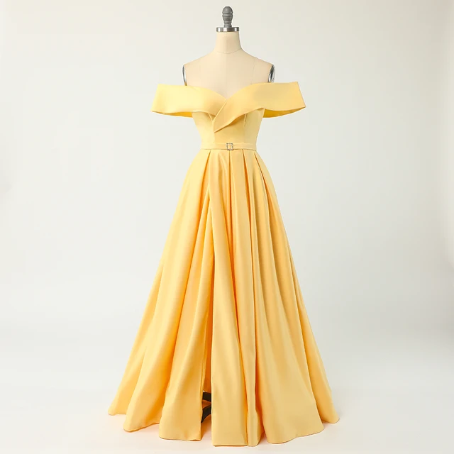 Off Shoulder Satin Evening Dresses Long Sexy High Slit Evening Gown Elegant High Waist Prom Dress Robe De Soiree Yellow