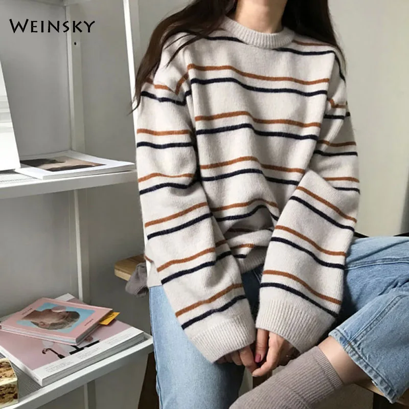 

Women Striped Knitted Sweater And Pullovers Korean Fashion Style Full Sleeve O-Neck Sweaters 2019 Autumn And Winter New Tops