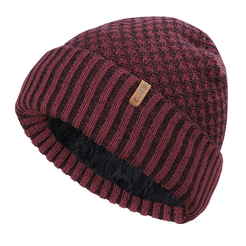 Новая модная классическая мужская зимняя теплая вязаная шапка с толстой подкладкой, бархатная Повседневная шапка для папы, мягкая флисовая шапка, мужская шапка - Цвет: Wine