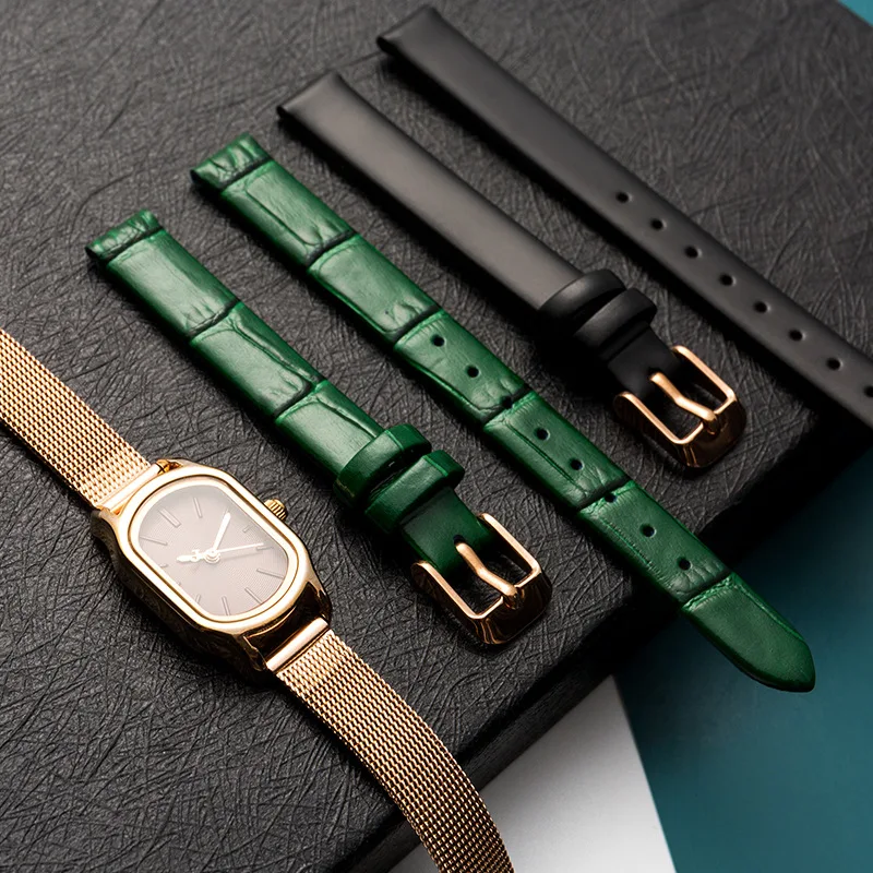 

10mm Watch Strap for Women Ladies Design Watchband Green Black Genuine Leather Watch Band Bracelets with Rose Gold Buckle