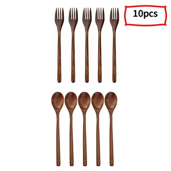 

Natural Wooden Spoon and Fork Set Kitchen Cutlery Food Salad(Set of 10)
