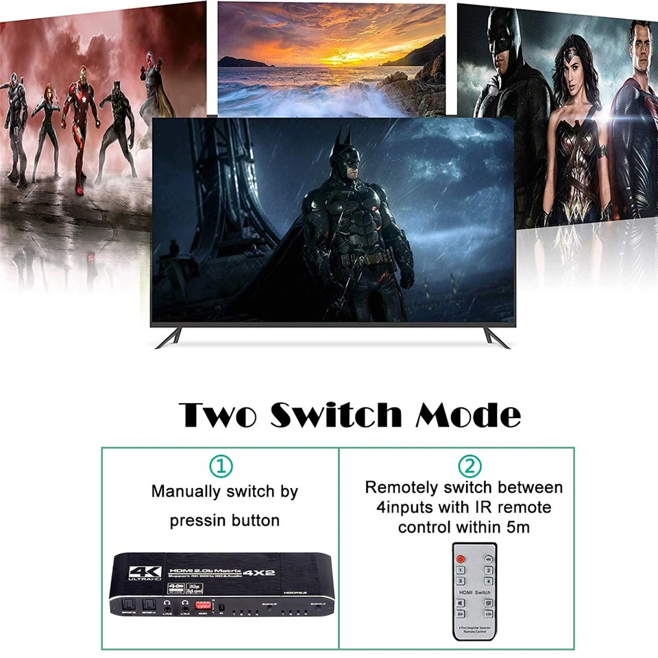 Navceker 18,5 Гбит/с HDMI матричный 4x2 4 k@ 60 Гц HDMI переключатель сплиттер с SPDIF и L/R 3,5 мм HDR HDMI коммутатор 4x2 Поддержка HDCP 2,2 3D
