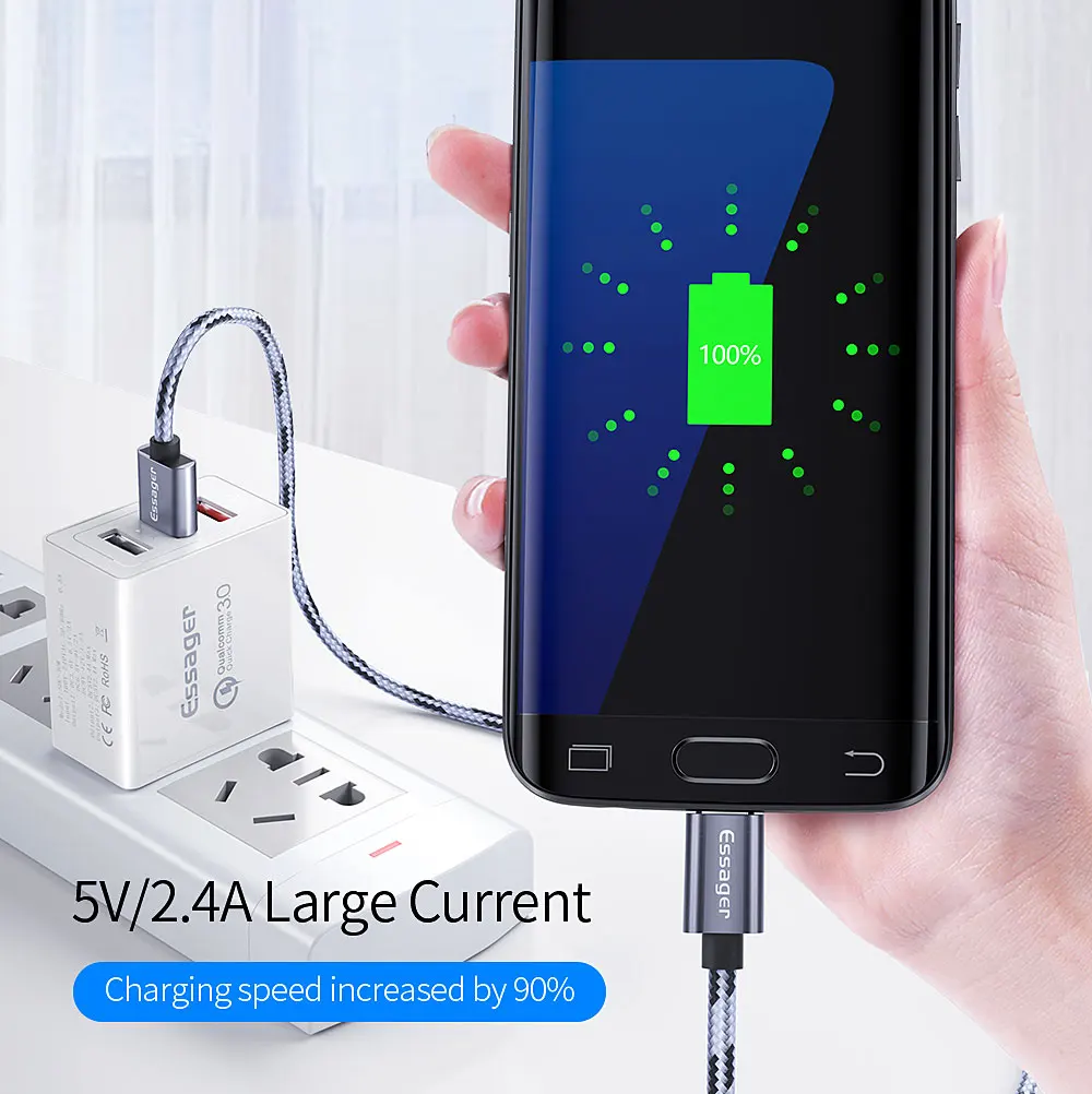 Essager светодиодный микро-usb кабель 2.4A быстрой зарядки для samsung Xiaomi Android мобильного телефона микро USB кабель для передачи данных-1 шт./2 м зарядный usb-шнур
