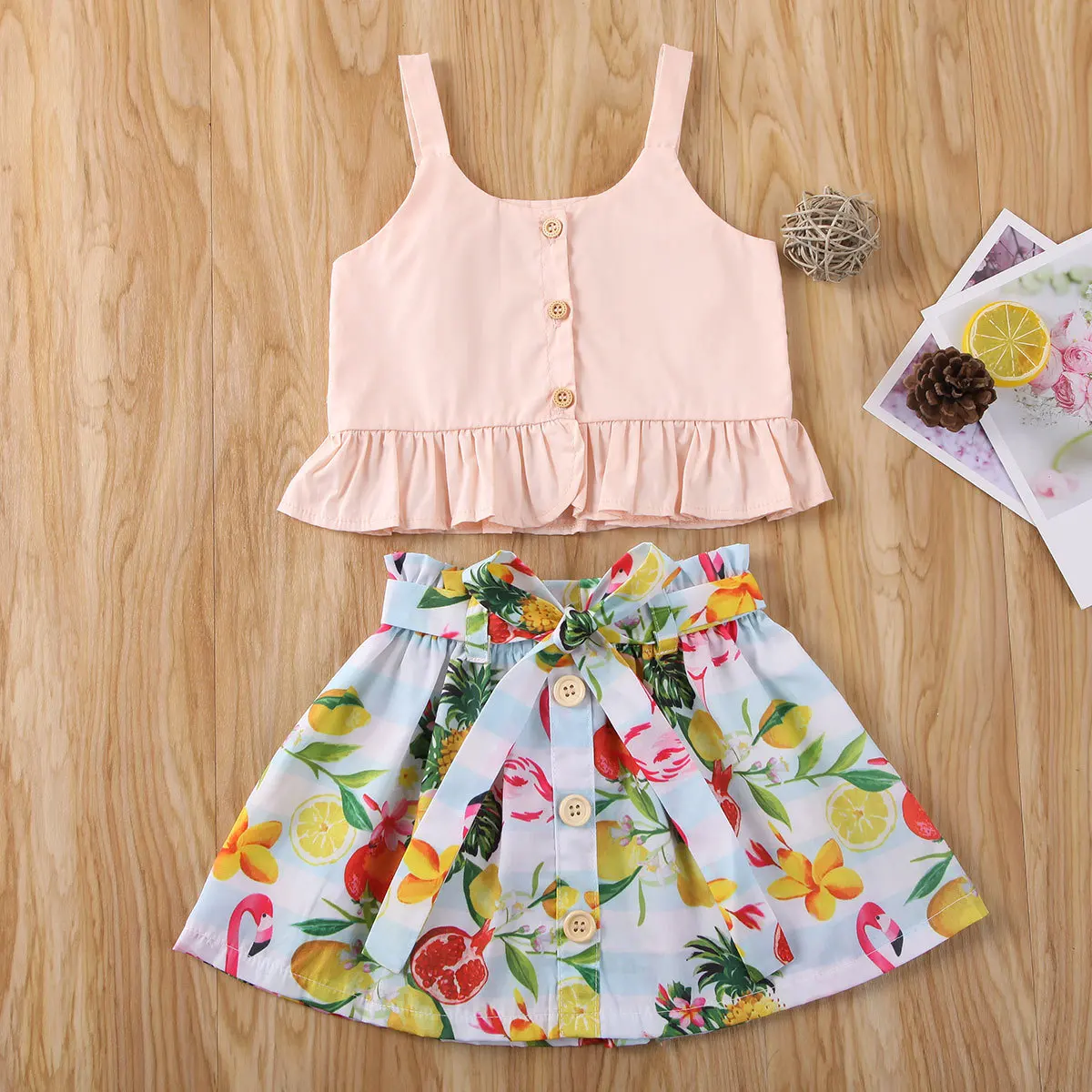 

Childrenswear Girls 2020 Summer Set Camisole Lace-collared Blouse Bow Fruit Short Skirt Two-Piece Set