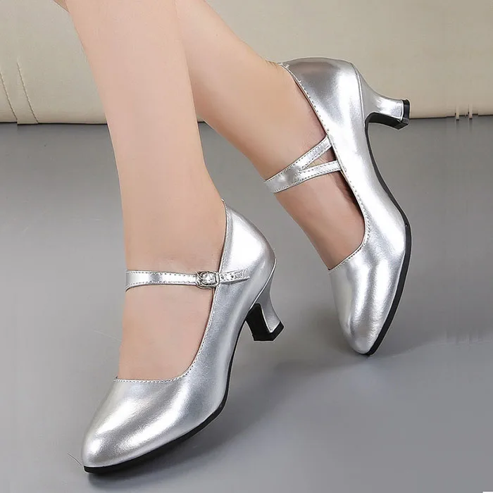 Patent leather Mary Jane women kitten heel shoes Latin jazz waltz dancing ladies dress shoes 5.5 cm heel silver wine red Mary Jane Shoes