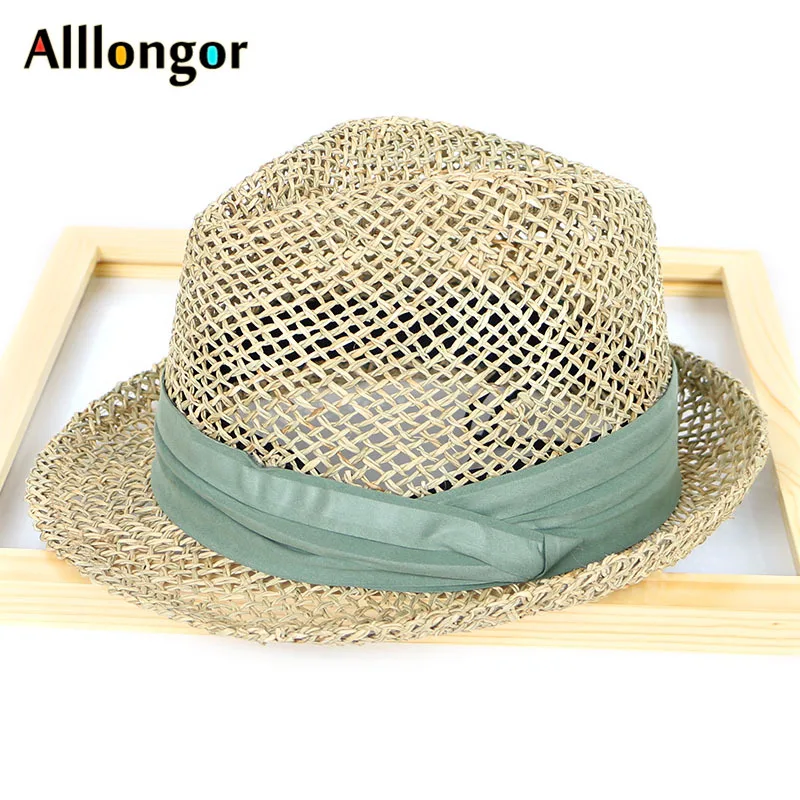 Натуральная соломенная шляпа от солнца с морскими водорослями для женщин fedora пляжные шляпы женские летние кепки с зеленым поясом sombrero Панама джазовая, шляпа
