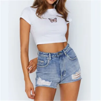 

00s Little Lady Fresh Korean Butterfly Print Crop Top Fashion Women Short Sleeve White Basic Tops T-Shirts Streetwear